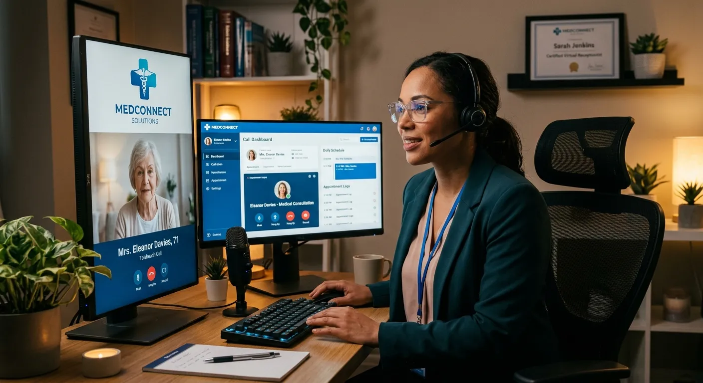 A professional, empathetic female virtual receptionist working on a dual-monitor setup in a modern home office, with a soft glow from the screen highlighting a medical logo and call dashboard. Moody, trustworthy, and tech-forward style.