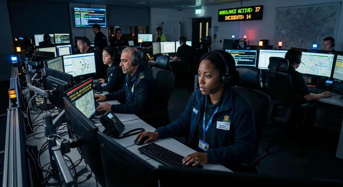 A diverse group of professional emergency call centre operators wearing headsets in a modern, well-l... A diverse group of professional emergency call centre operators wearing headsets in a modern, well-lit command centre. They are focused, with serious expressions, looking at multiple monitors displaying maps and data. Moody, high-contrast lighting with blue and amber accents.