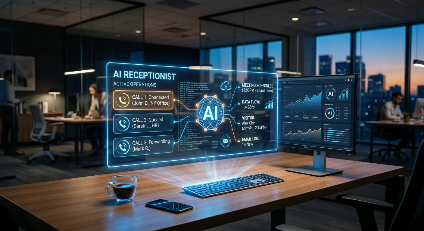 A modern, professional office with a glowing, futuristic AI interface hologram displayed on a desk, symbolizing an optimized AI receptionist managing multiple calls and data streams. Style: Clean, high-tech, professional. Mood: Innovative, efficient, and powerful.