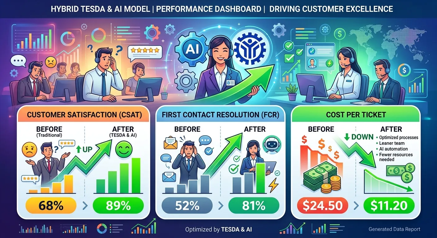 An illustrative dashboard showing key metrics like CSAT, First Contact Resolution, and Cost per Ticket, with arrows showing improvement before and after implementing a hybrid TESDA & AI model.