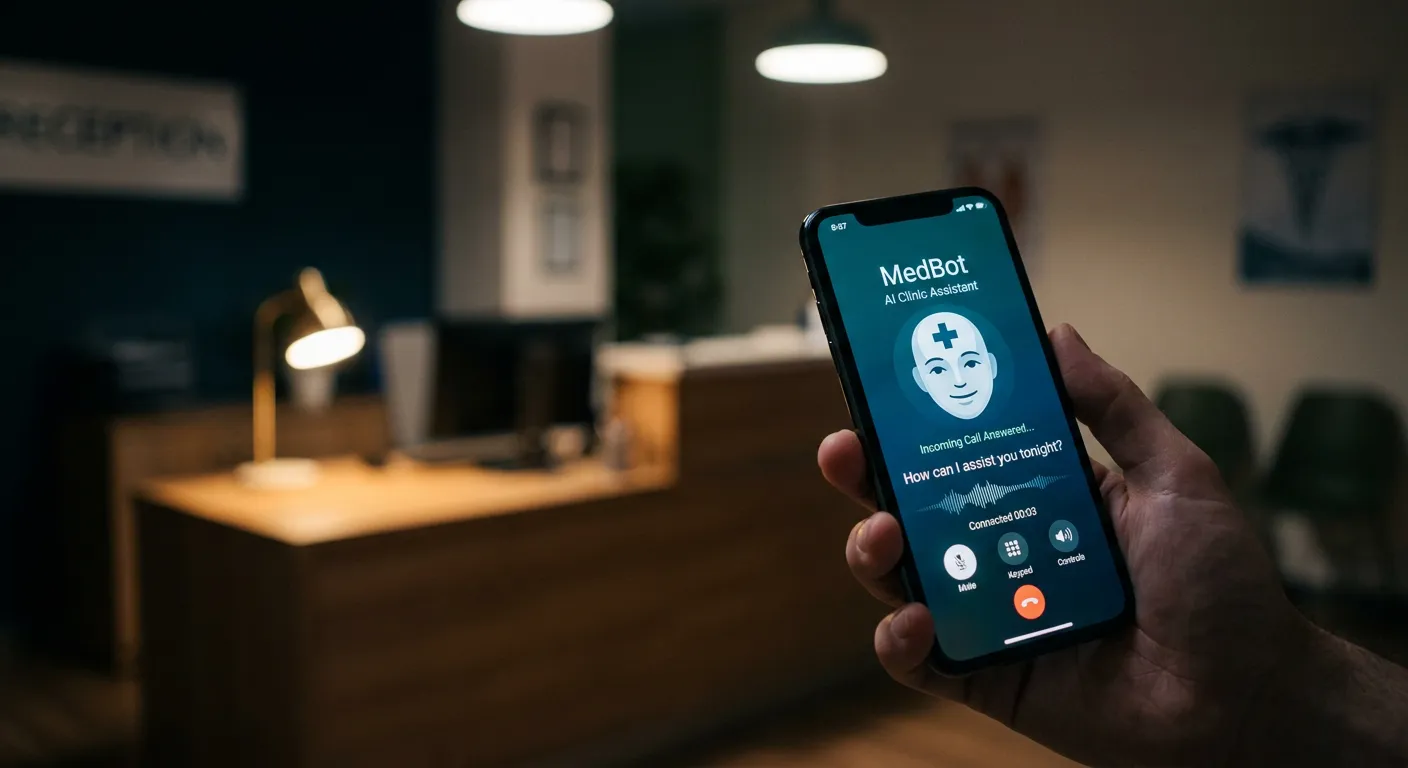 A professional, slightly blurred background of a modern medical clinic reception desk at night, with a soft glow from a desk lamp. In the sharp foreground, a smartphone screen shows a live call being answered by a friendly AI interface with a medical cross icon. Style: Professional, calm, trustworthy. Mood: Reassuring, technologically advanced, and available.