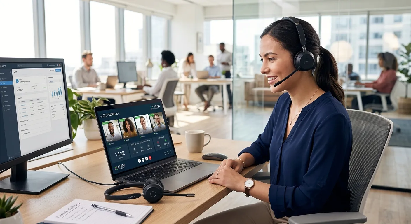 A modern, professional office setting with a laptop showing a call dashboard and a headset, symbolizing seamless remote call handling. Style is bright, crisp, and focused on technology and communication.