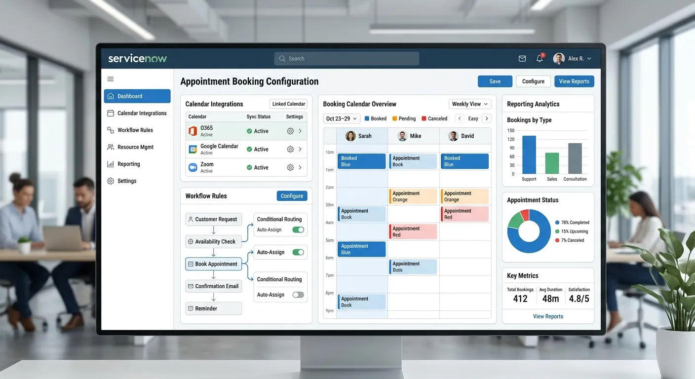 A modern, professional dashboard view of a ServiceNow Appointment Booking configuration interface, showing calendar integrations, workflow rules, and reporting analytics. Style: Clean, tech-focused, with a blue and white color scheme. Mood: Efficient, intelligent, and streamlined.