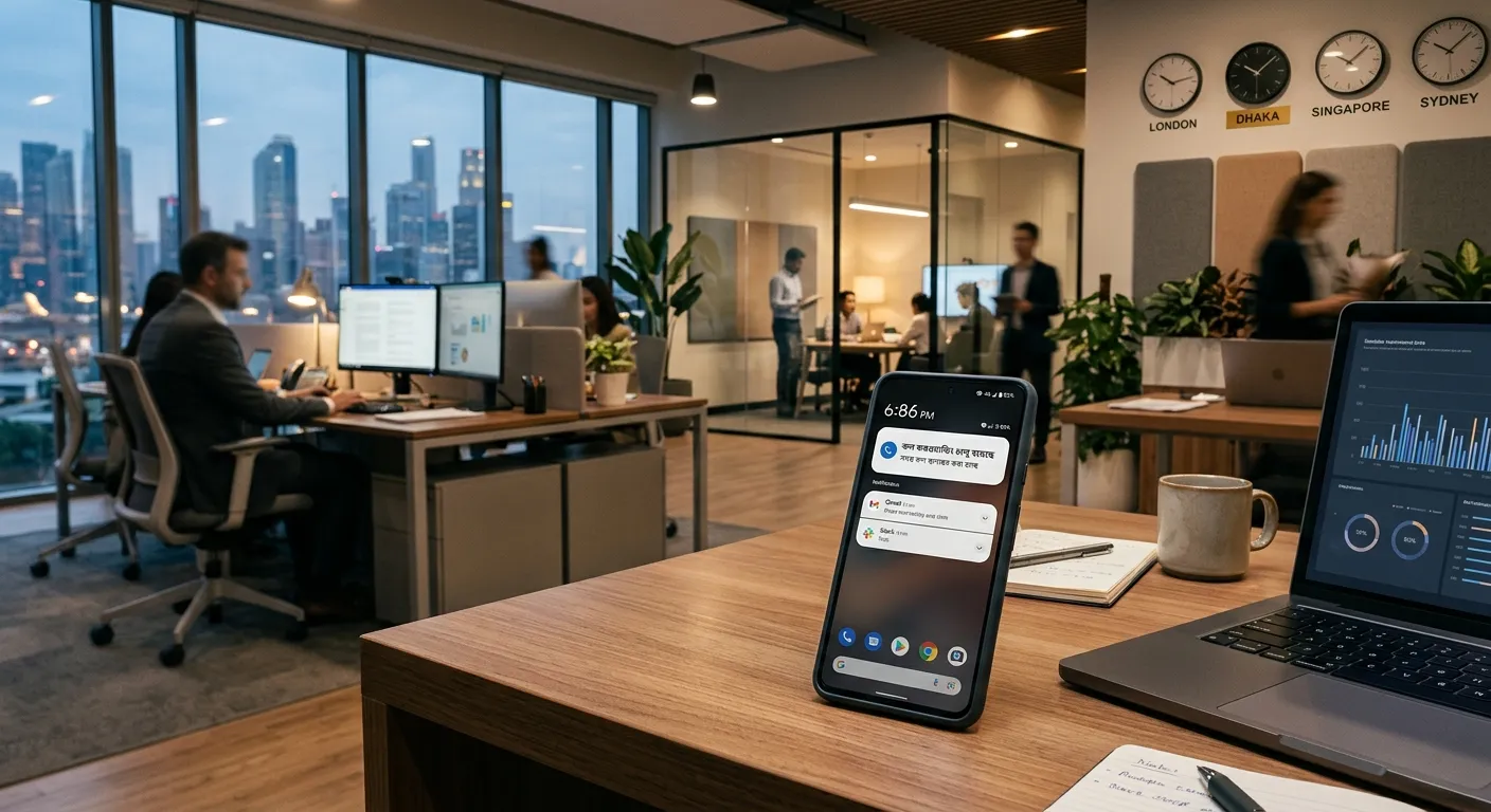 A modern, professional office environment with a smartphone screen displaying a Bengali language not... A modern, professional office environment with a smartphone screen displaying a Bengali language notification saying