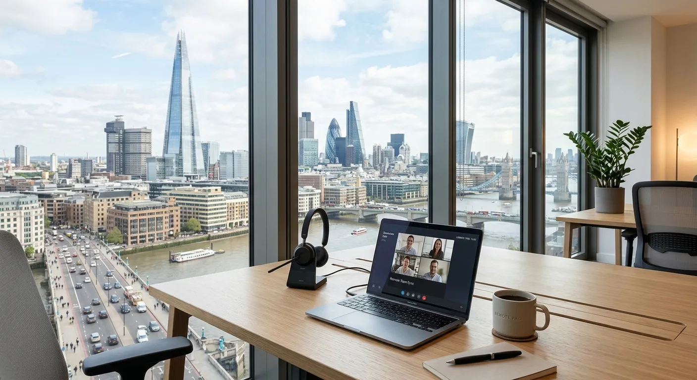 A sleek, modern London skyline view from a virtual office window, featuring a minimalist desk with a laptop, a professional headset, and a cup of coffee, symbolising remote professionalism.