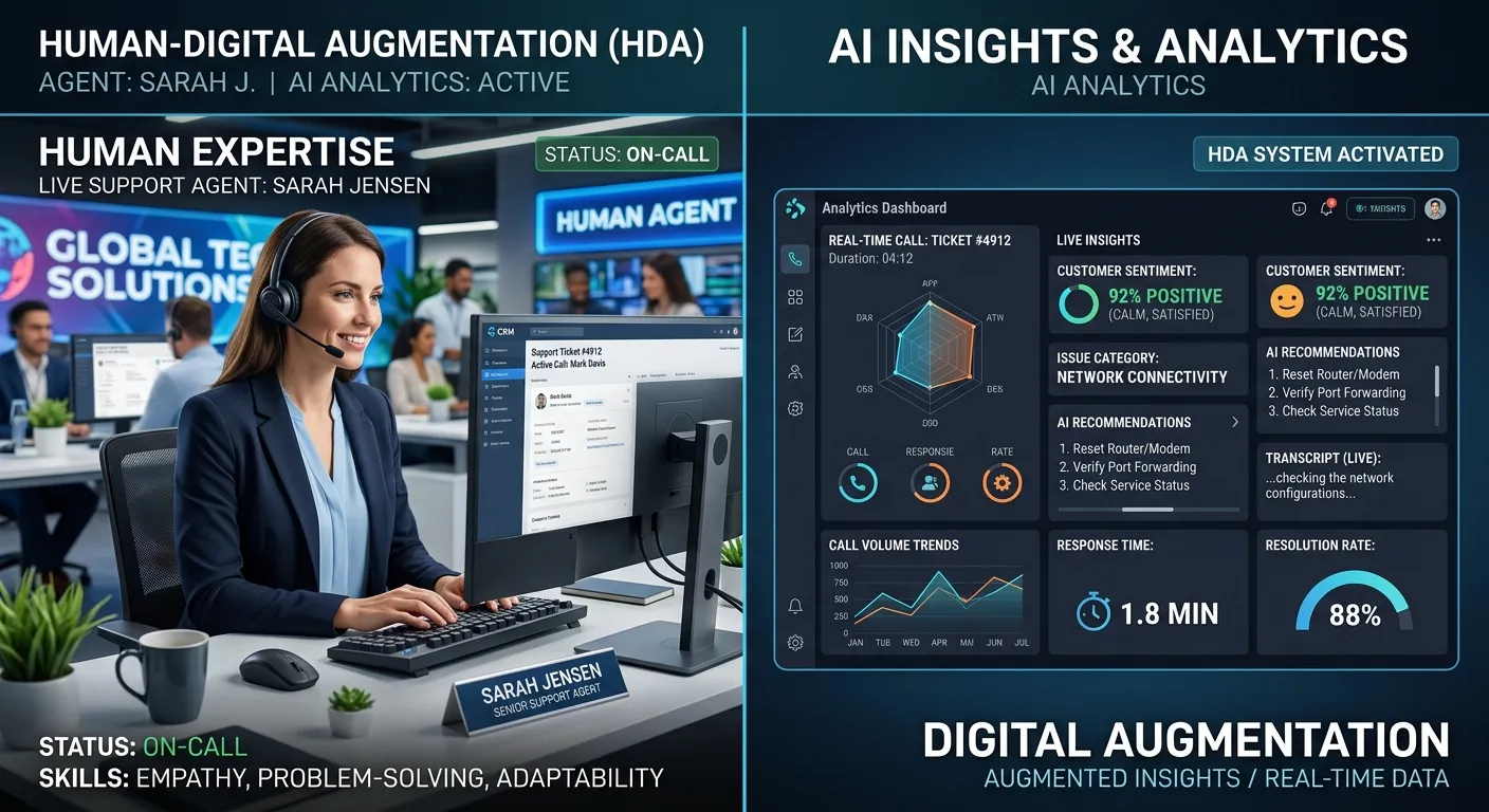 A modern, split-screen graphic showing a professional human help desk agent on one side and a sleek AI interface dashboard with real-time call analytics on the other, symbolizing Human-Digital Augmentation (HDA). Style: Corporate, tech-focused, high-contrast.