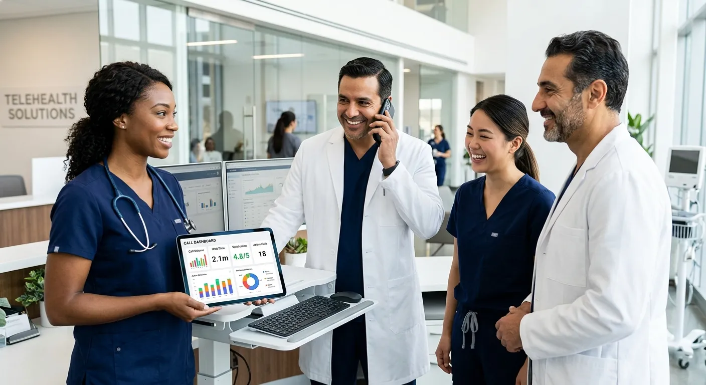 Modern, professional hero image of a diverse healthcare team in a clinic smiling confidently. One ho... Modern, professional hero image of a diverse healthcare team in a clinic smiling confidently. One holds a tablet showing a call dashboard with graphs, another is on a phone. Style is bright, clean, and focused on communication technology. Mood is efficient, trustworthy, and innovative.