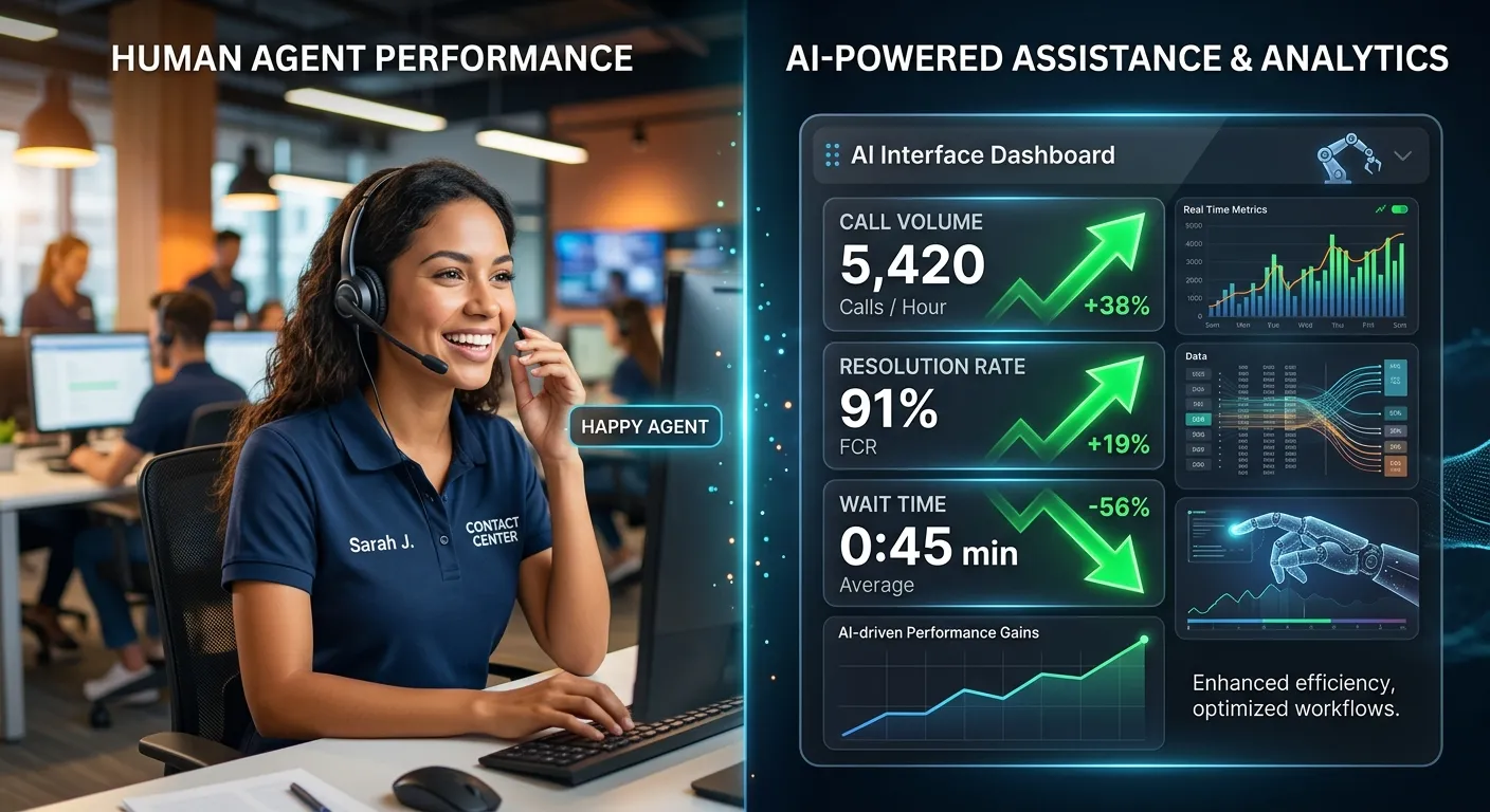 A split-screen graphic showing a happy call center agent on one side and a sleek AI interface dashboard on the other, with key metrics like
