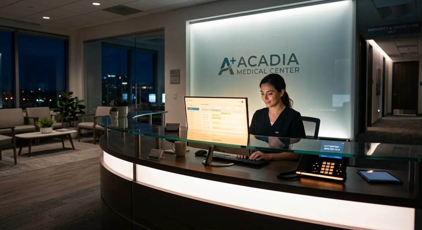 A modern, well-lit medical office reception desk at night, with a soft glow from a computer monitor and a phone, symbolizing 24/7 availability. Professional, serene, and high-tech mood.