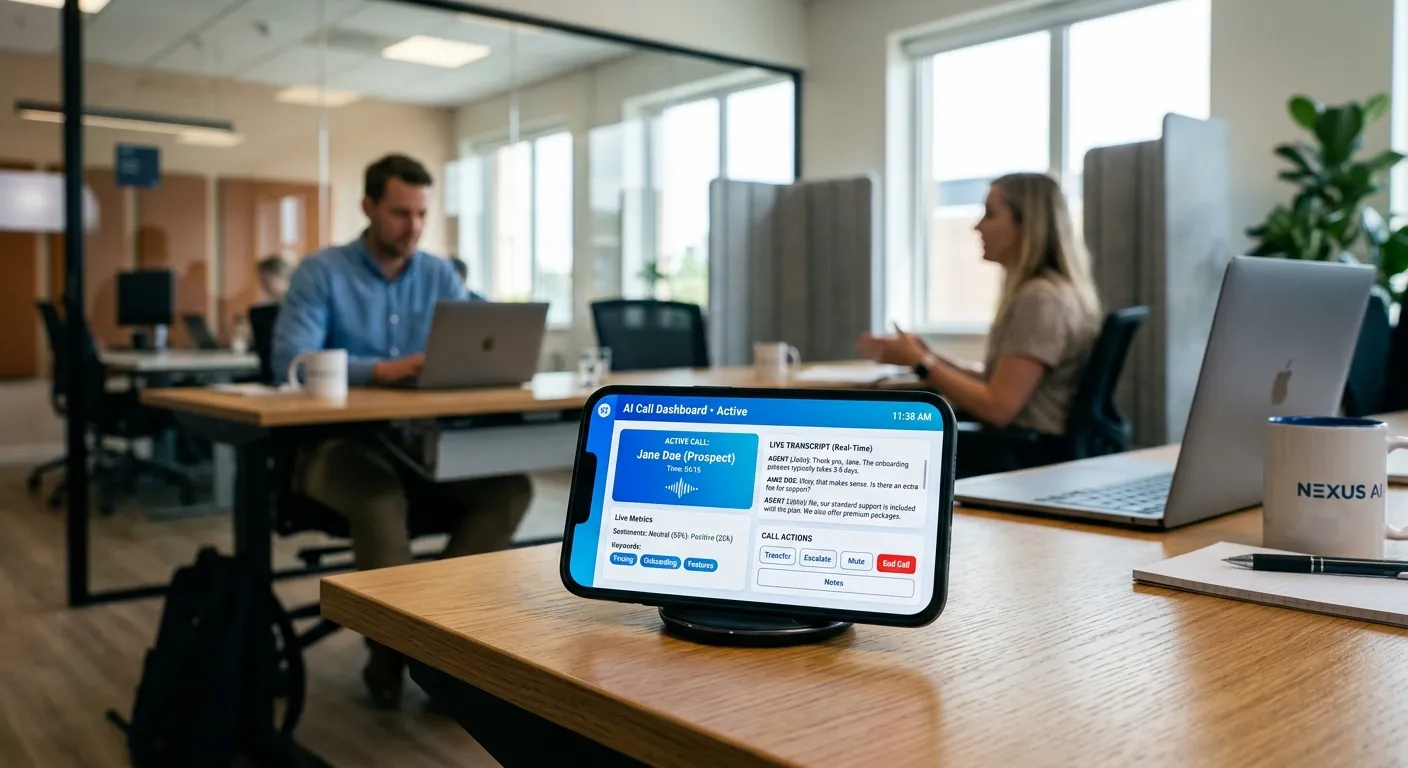 A modern, professional office setting with a glowing smartphone screen displaying an AI call dashboa... A modern, professional office setting with a glowing smartphone screen displaying an AI call dashboard interface, showing live call metrics and transcripts. Style: Clean, tech-focused, with a blue and white color scheme. Mood: Innovative and efficient.