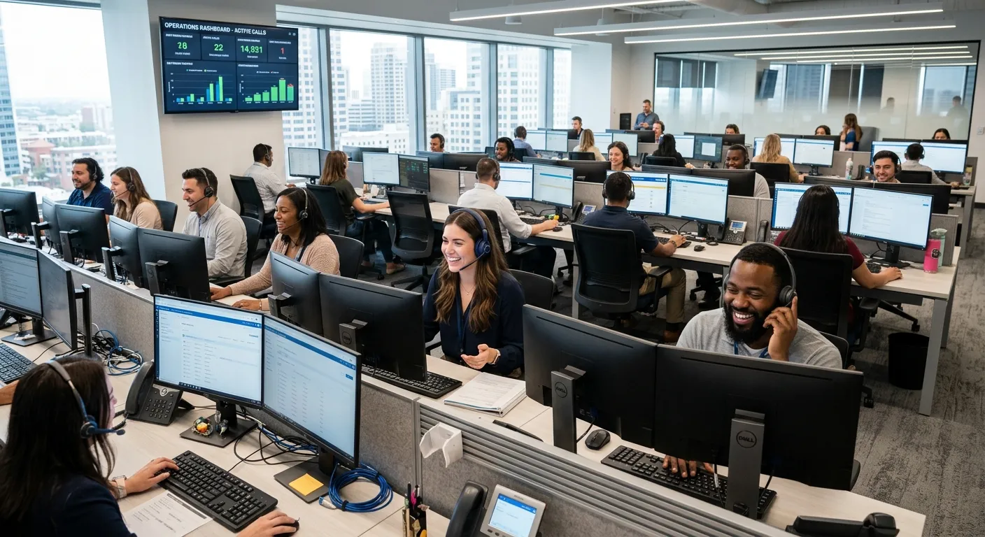 A modern, professional call center operations room with multiple agents wearing headsets, smiling an... A modern, professional call center operations room with multiple agents wearing headsets, smiling and working at sleek monitors. The style is bright, sharp, and high-tech, conveying efficiency and teamwork.