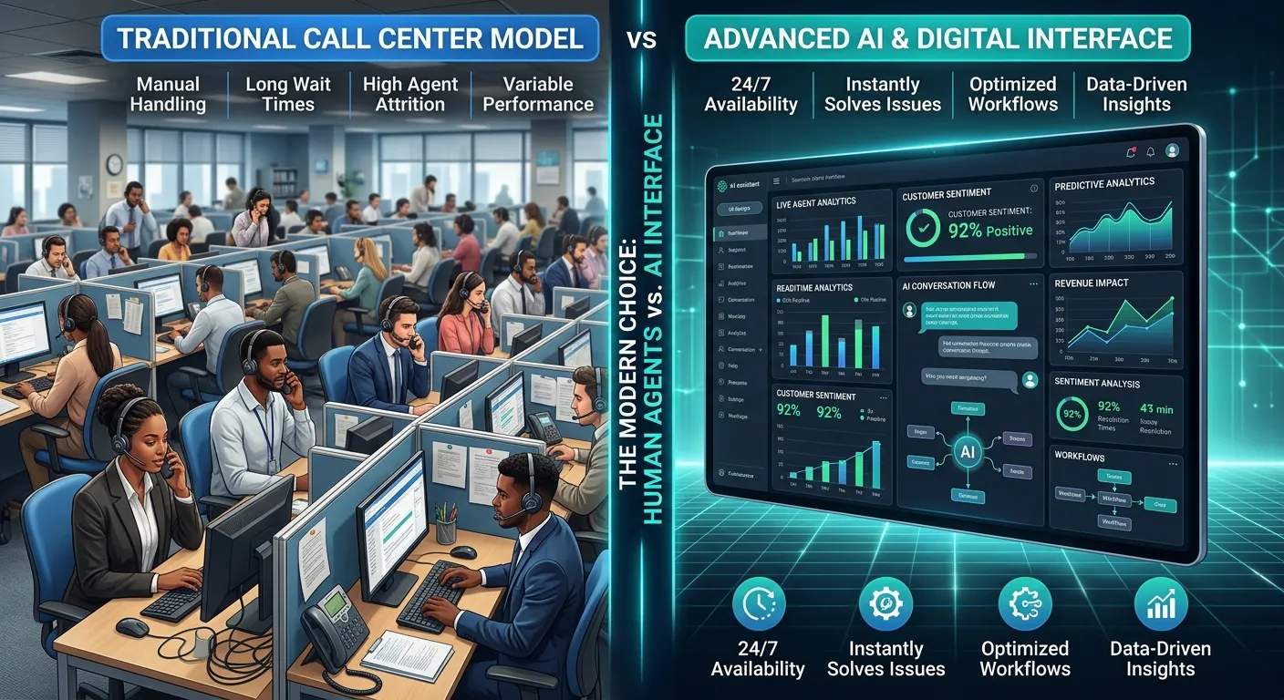 A modern, split-screen graphic showing a traditional call center on one side with agents at desks, a... A modern, split-screen graphic showing a traditional call center on one side with agents at desks, and a sleek AI interface on the other side with call analytics and workflows, symbolizing the choice between models.