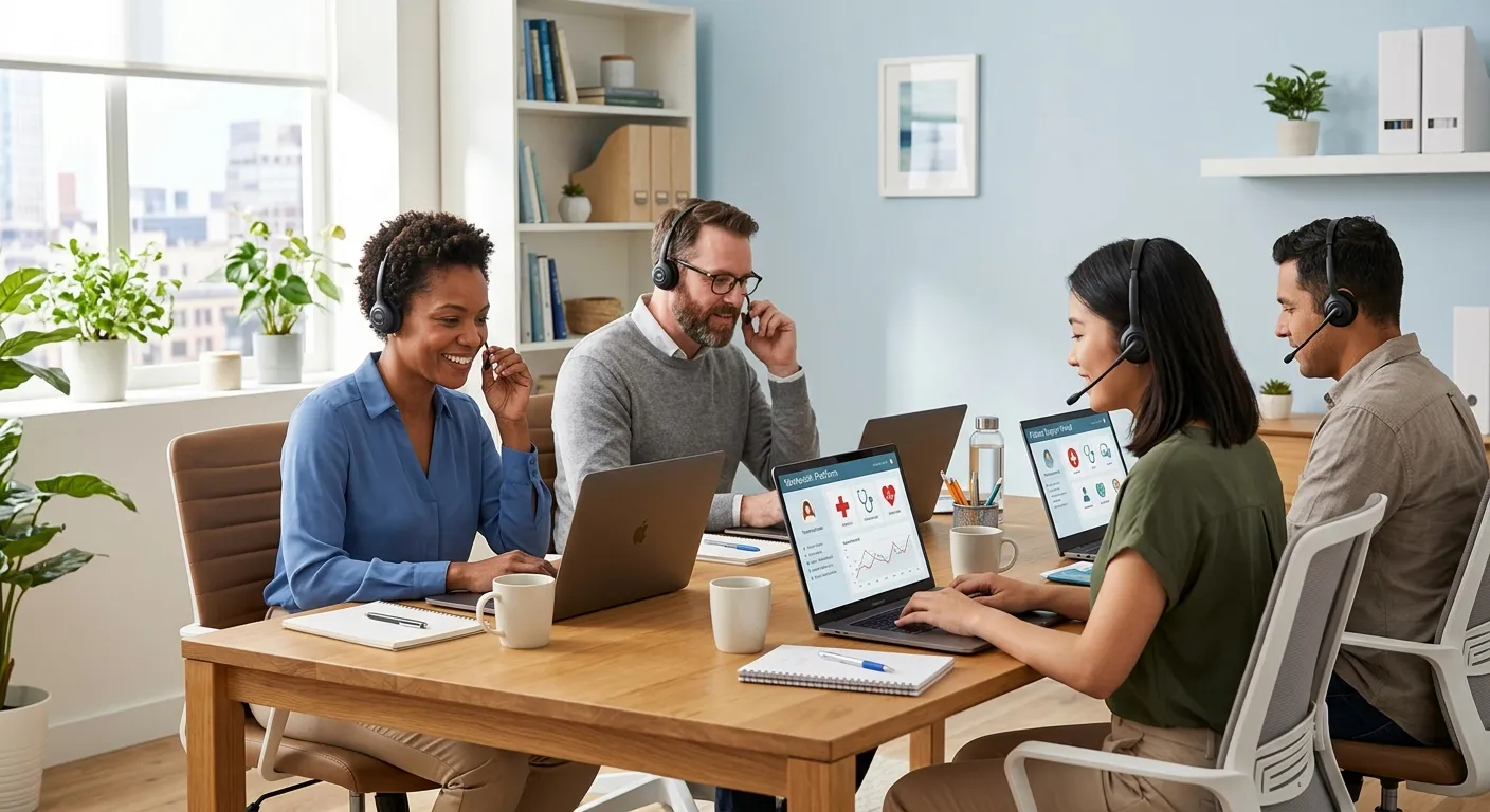 Modern, professional hero image showing a diverse team of remote healthcare communication specialists working on laptops and headsets in a bright, clean home office environment, with medical icons subtly displayed on screens.