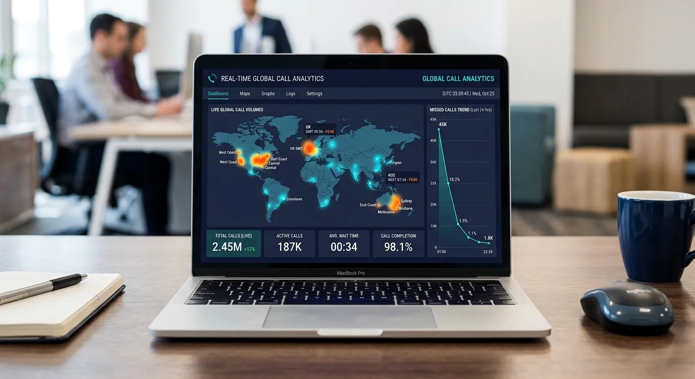 A modern dashboard on a laptop screen showing real-time analytics of global call volumes, with maps highlighting peak times in the UK, US, and Australia, and graphs showing a steep decline in missed calls.
