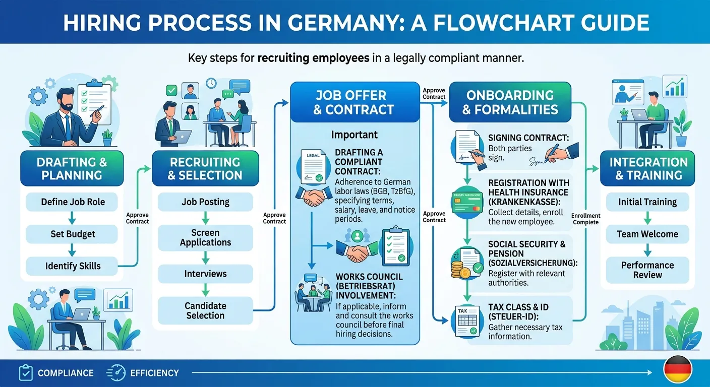 A professional infographic showing a flowchart of the hiring process in Germany, highlighting key steps like drafting a contract compliant with German law, registering with health insurance, and considering works council involvement.