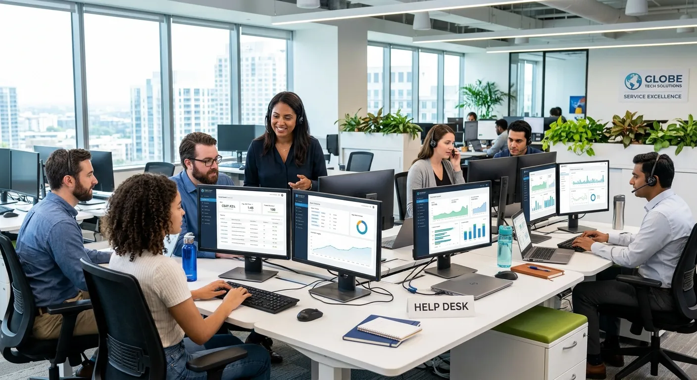 A professional, modern office setting with a diverse team collaboratively working at a help desk, with multiple monitors displaying customer service dashboards and analytics. Style: Bright, clean, and professional with a focus on technology and teamwork. Mood: Efficient, confident, and solution-oriented.