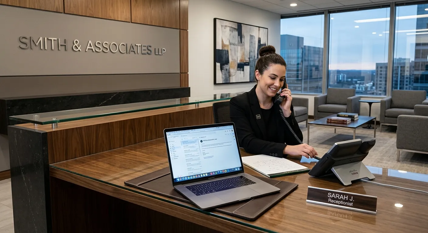A professional, high-contrast photo of a modern law office reception area with a sleek phone and laptop, symbolizing efficient client communication. Style: Clean, corporate, with a focus on technology and professionalism.