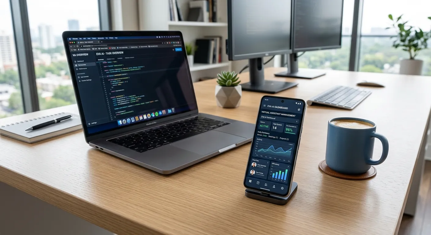 A modern, clean office desk with a laptop, a cup of coffee, and a smartphone displaying a sophisticated dashboard interface for virtual assistant management. The mood is professional, efficient, and futuristic.