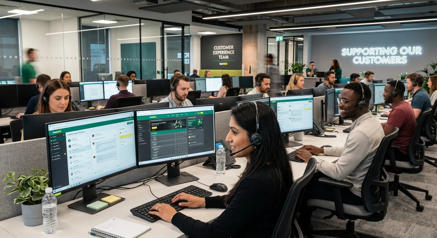 A professional, dynamic scene showing a diverse team of customer service agents in a modern contact... A professional, dynamic scene showing a diverse team of customer service agents in a modern contact center environment, some wearing headsets and working on multiple monitors, with subtle Bet365 branding visible on a screen. The mood is efficient, high-tech, and focused.