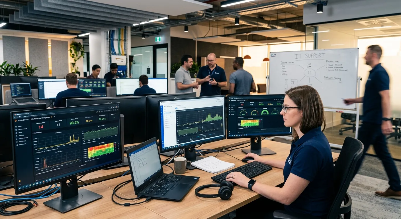 A modern, professional IT service desk environment with multiple monitors showing analytics dashboar... A modern, professional IT service desk environment with multiple monitors showing analytics dashboards, a headset on a desk, and a blurred background of collaborative team members, evoking efficiency and technology.