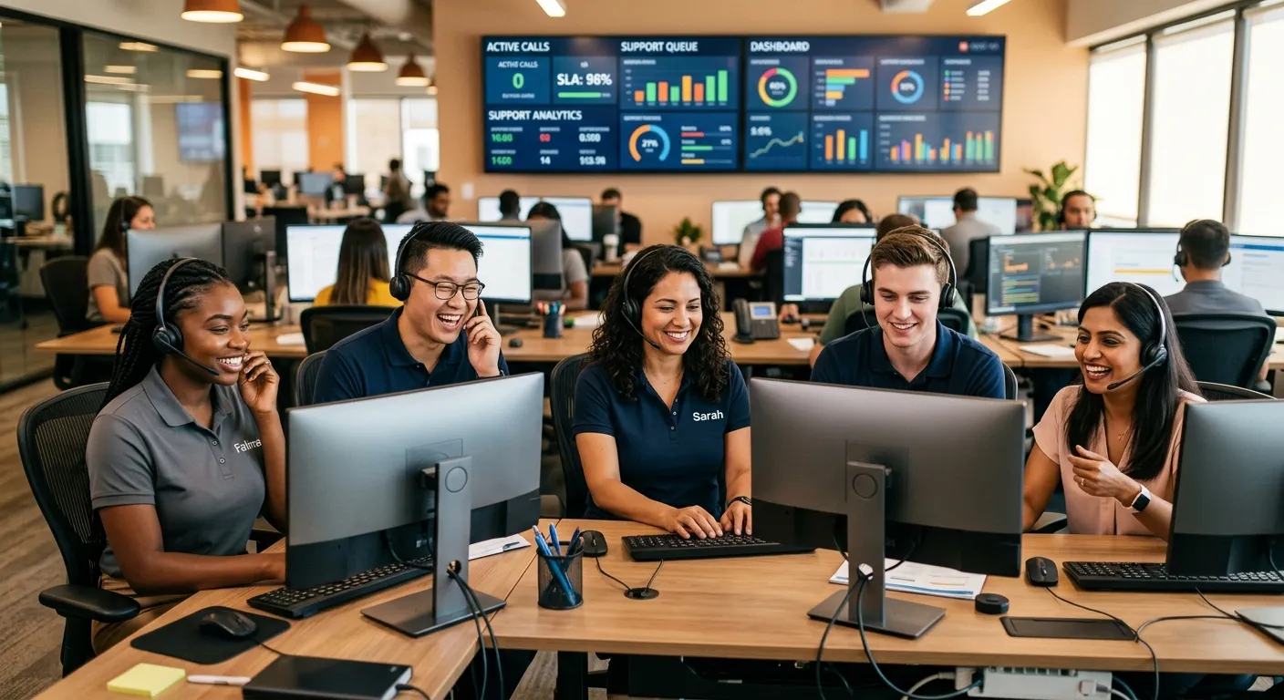 A diverse group of professional customer support representatives in a modern call center environment, smiling and wearing headsets, with a blurred background of monitors displaying analytics dashboards. Professional, inclusive, and tech-forward mood.