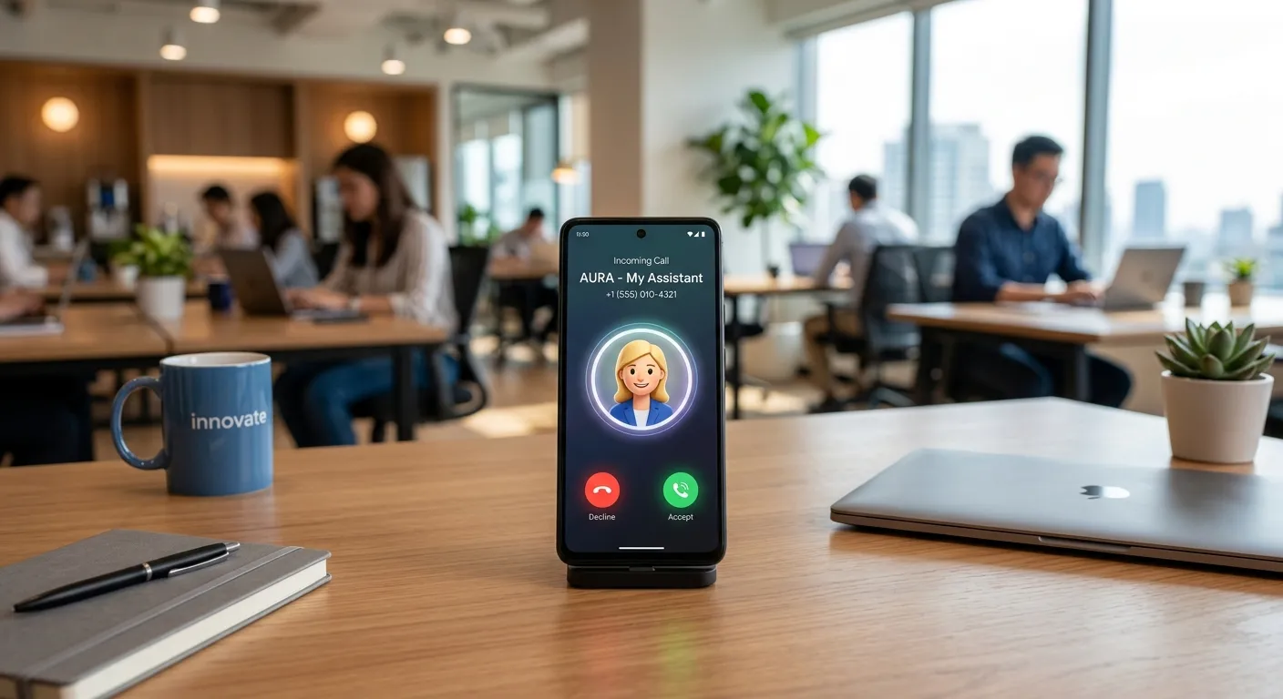 A modern, professional office environment with a sleek smartphone on a desk, screen showing an incoming call with a friendly AI assistant interface. Style is bright, clean, and tech-focused.