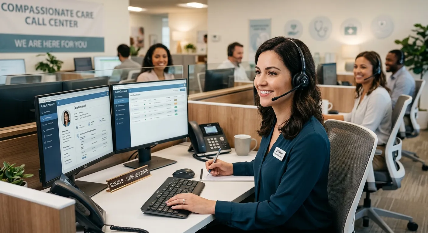 A professional, empathetic call center advocate wearing a headset, smiling warmly, with a clean, mod... A professional, empathetic call center advocate wearing a headset, smiling warmly, with a clean, modern healthcare office setting in the background. The mood is compassionate, competent, and tech-enabled.