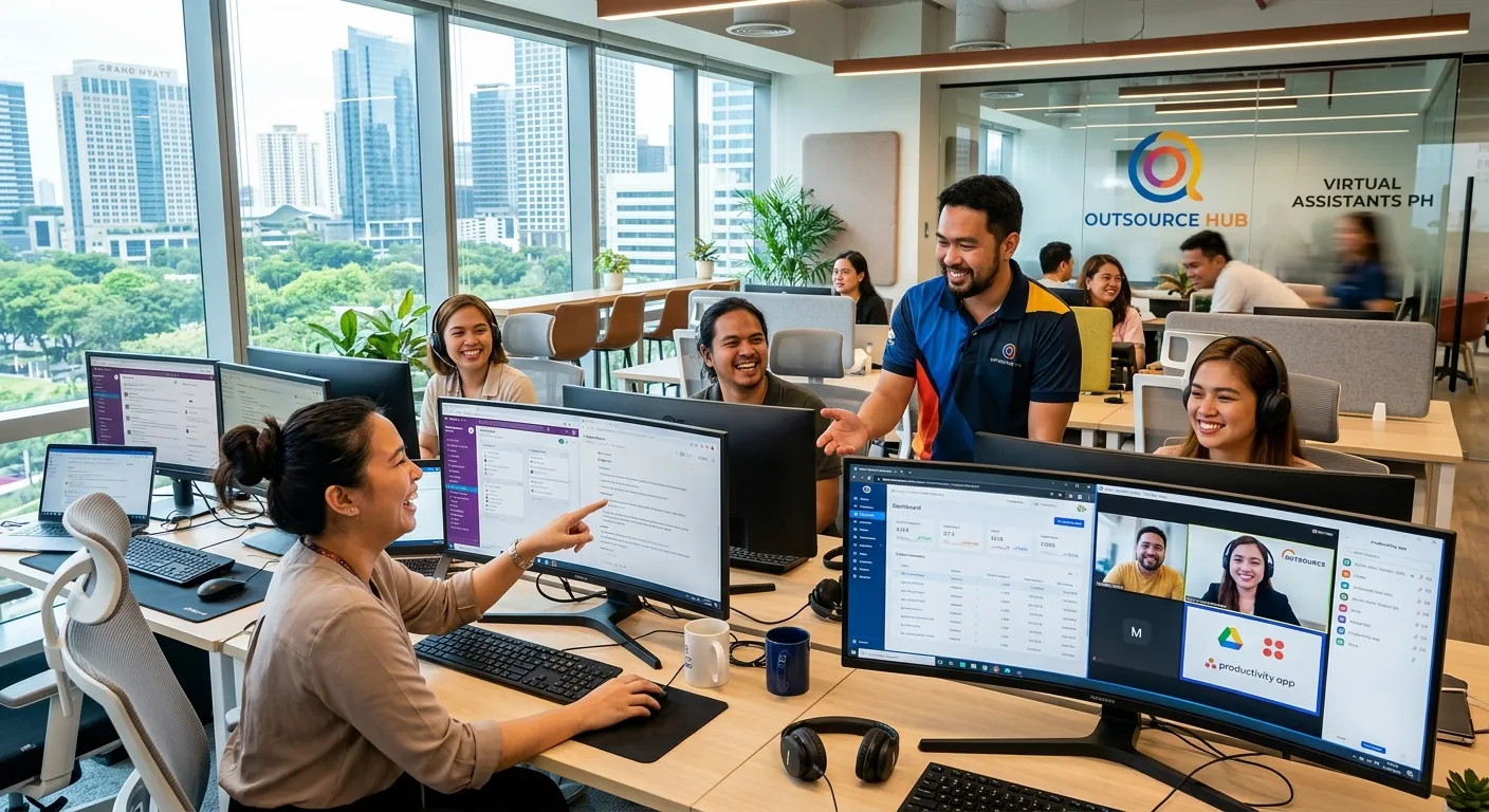 A modern, professional office in the Philippines showing a diverse team of virtual assistants workin... A modern, professional office in the Philippines showing a diverse team of virtual assistants working on multiple monitors, smiling and collaborating. The style should be bright, optimistic, and high-tech, with a focus on communication and efficiency.