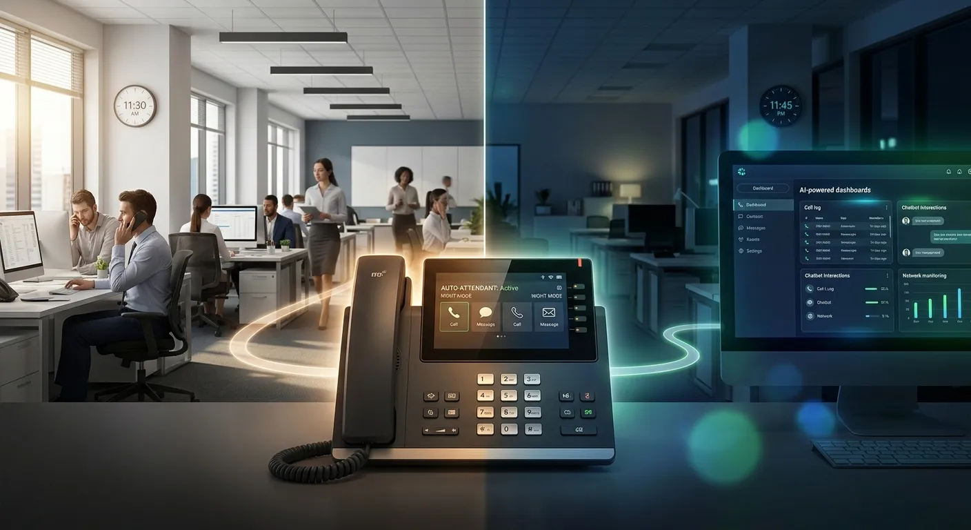 A modern office phone system glowing in a dark room, symbolizing after-hours operations, with a split visual showing a busy daytime office on one side and a calm, AI-managed night scene on the other.