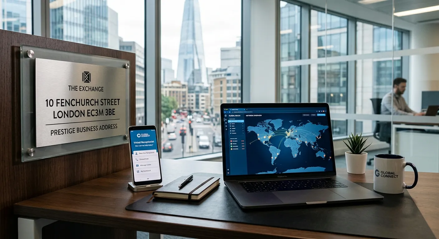 A modern, sleek professional workspace with a laptop open to a global map, a prestigious-looking bus... A modern, sleek professional workspace with a laptop open to a global map, a prestigious-looking business address plaque, and a smartphone displaying a virtual receptionist interface. Style: Clean, corporate, and aspirational. Mood: Professional, innovative, and trustworthy.