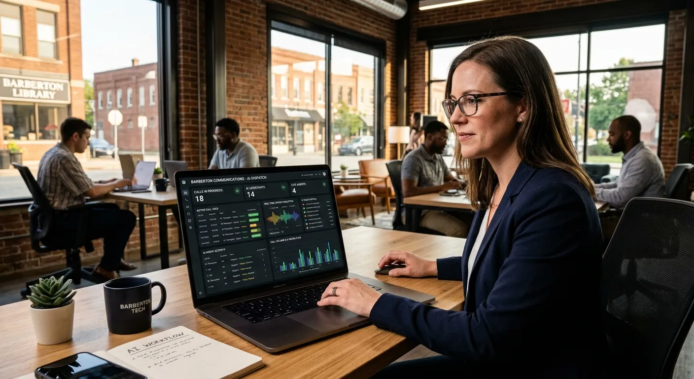 A professional, high-contrast photo of a modern office workspace in Barberton, Ohio, with a laptop screen displaying an AI call dashboard. The mood is efficient, innovative, and forward-thinking, with a focus on technology enhancing human communication.