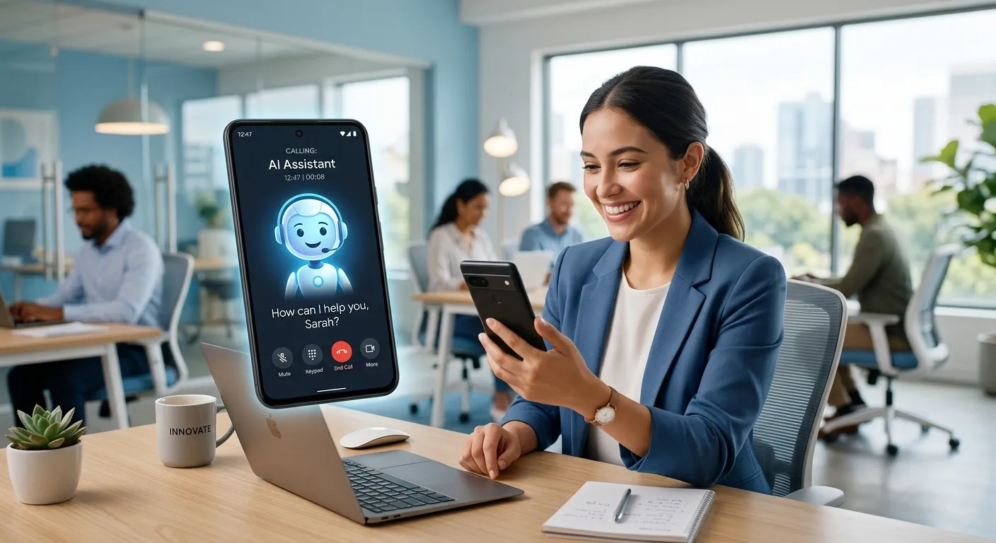 A modern, professional office setting with a glowing smartphone screen showing a friendly AI avatar answering a call. The mood is innovative, efficient, and welcoming, with a soft blue and white colour scheme.