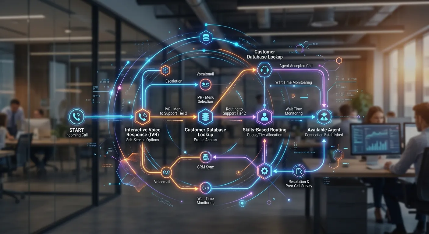 Modern, abstract graphic showing a sophisticated digital call flow diagram with glowing connection lines and nodes, overlaid on a blurred background of a professional office. Style is clean, tech-forward, and dynamic.