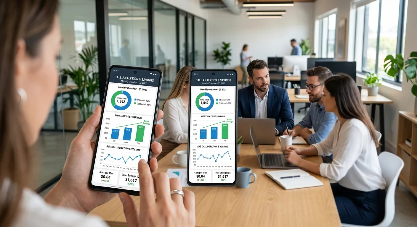 A modern, professional office scene with a smartphone displaying call analytics and cost savings charts on its screen, overlaid on a blurred background of a small business team. Style: Clean, bright, and focused on financial clarity. Mood: Informed, confident, and strategic.