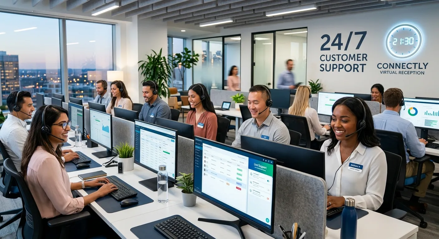 A modern, professional office setting with a diverse team of virtual receptionists wearing headsets,... A modern, professional office setting with a diverse team of virtual receptionists wearing headsets, smiling and working at sleek monitors. The image should convey efficiency, technology, and 24/7 availability. Style: Bright, high-contrast corporate photography.
