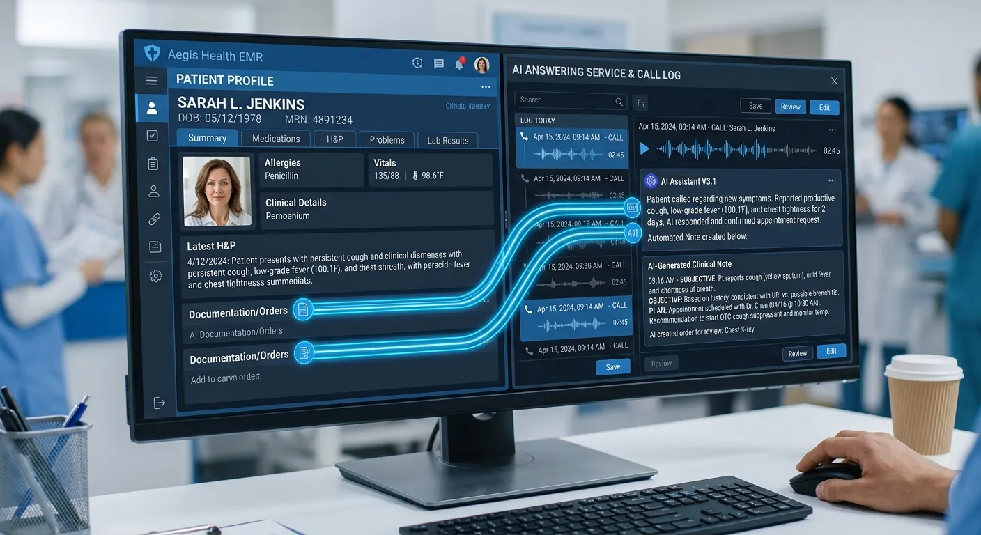 A detailed, modern dashboard interface showing an AI answering service integrated with a popular EMR system like Epic or Cerner. The screen displays a patient's chart on one side and a call log with automated note-taking on the other, with visual connectors between them.