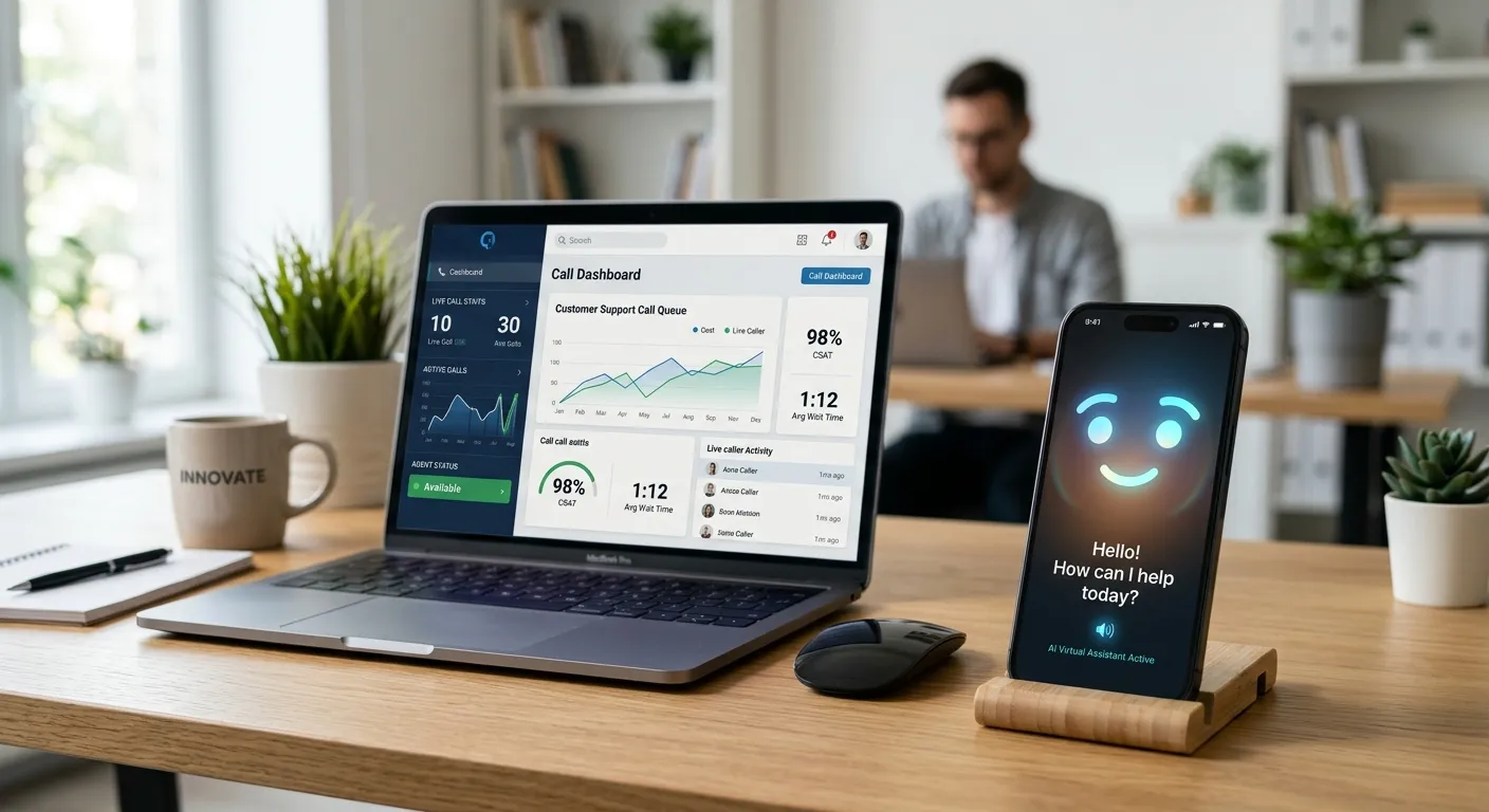 A modern, professional office setting with a laptop open showing a call dashboard. A smartphone is i... A modern, professional office setting with a laptop open showing a call dashboard. A smartphone is in the foreground with a friendly, digital AI face displayed on the screen, symbolizing a virtual assistant. The mood is efficient, innovative, and calm.