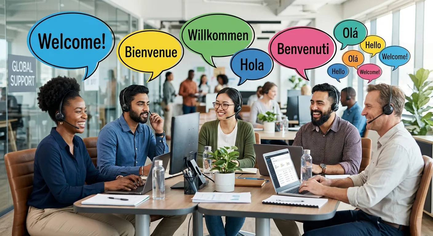A professional, diverse team in a modern office setting, smiling and wearing headsets, with multilin... A professional, diverse team in a modern office setting, smiling and wearing headsets, with multilingual speech bubbles floating above them containing words like