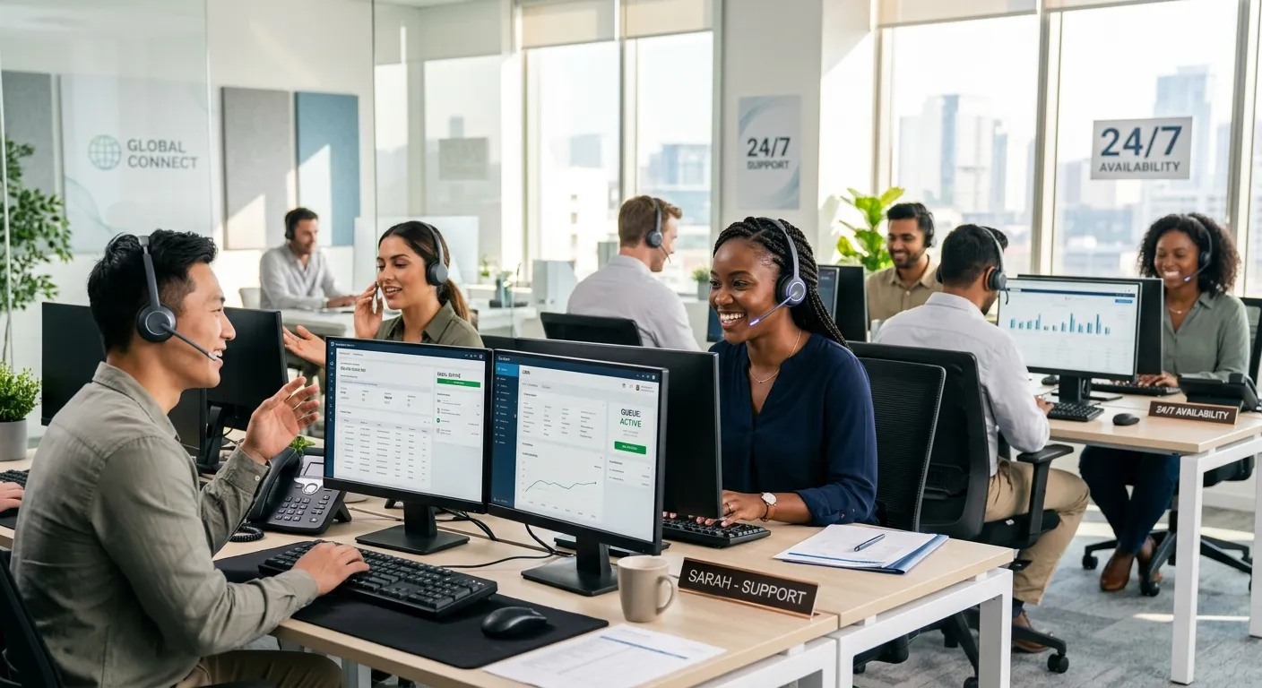 A modern, diverse team of professionals working remotely, smiling and confidently answering calls on sleek headsets. The image should convey efficiency, technology, and 24/7 availability, with a clean, bright office aesthetic.