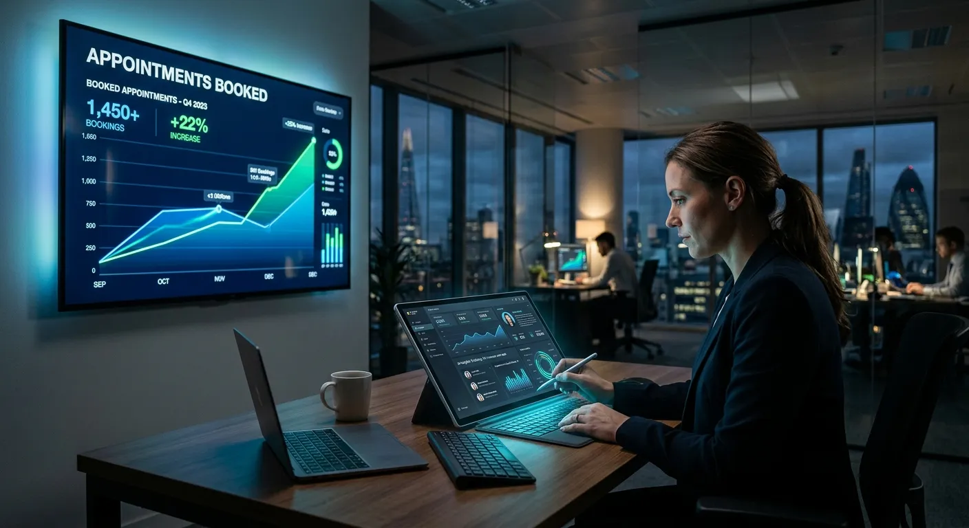 A modern, high-tech UK office setting with a glowing dashboard on a large screen showing a rising gr... A modern, high-tech UK office setting with a glowing dashboard on a large screen showing a rising graph of appointments booked, overlay of a professional AI interface on a tablet. Moody, professional, futuristic.