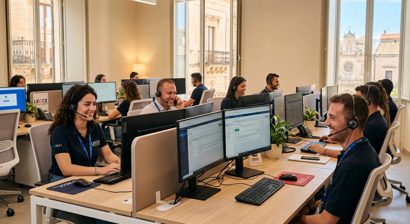 A modern, professional call center environment in Lecce, Italy, with agents wearing headsets, smilin... A modern, professional call center environment in Lecce, Italy, with agents wearing headsets, smiling, and working at dual-monitor workstations. The mood is efficient, welcoming, and technologically advanced, with a soft focus on Italian architectural elements in the background.