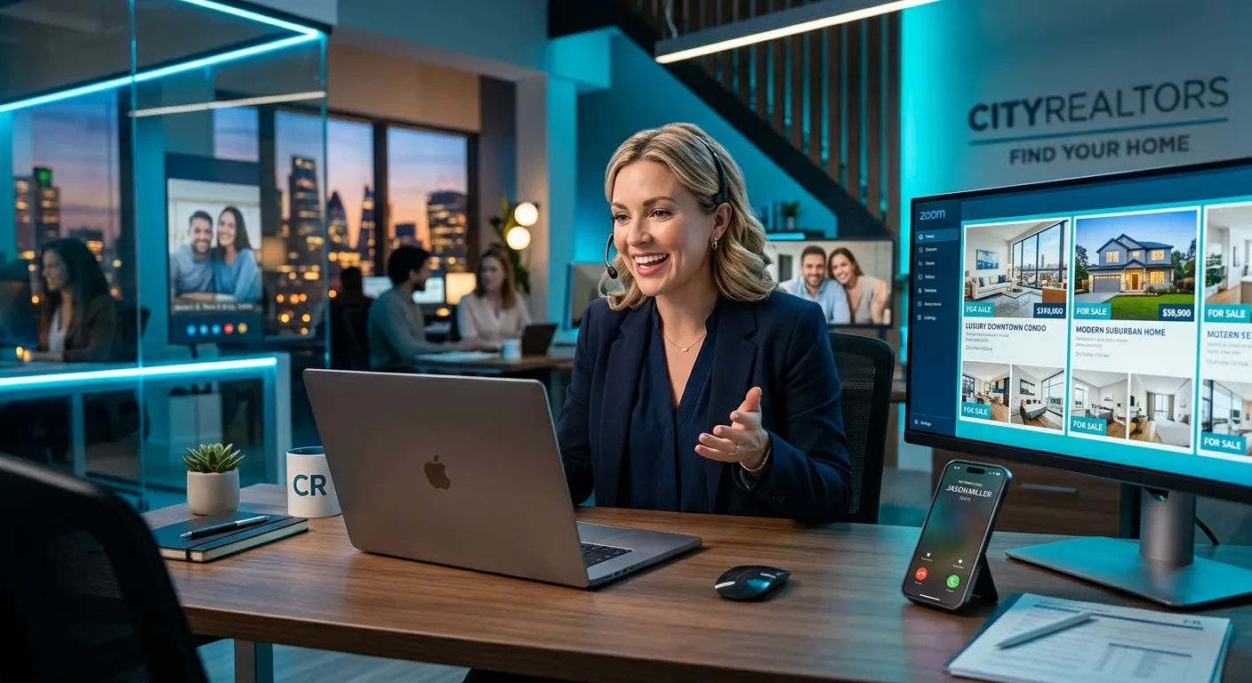 Modern real estate agent on a video call with a client, with a sleek laptop showing property listings and a smartphone displaying incoming calls. Professional, high-energy mood, blue and cyan accent lighting.