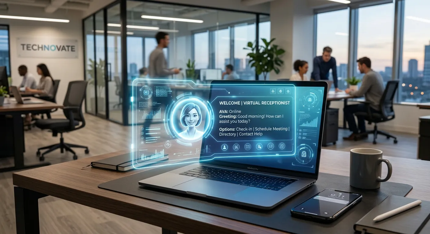 A professional, modern office setting with a laptop and phone on a desk, but the focus is on a glowi... A professional, modern office setting with a laptop and phone on a desk, but the focus is on a glowing, futuristic AI interface overlaying the screen, symbolizing a virtual receptionist at work. Style is clean, corporate, and high-tech.