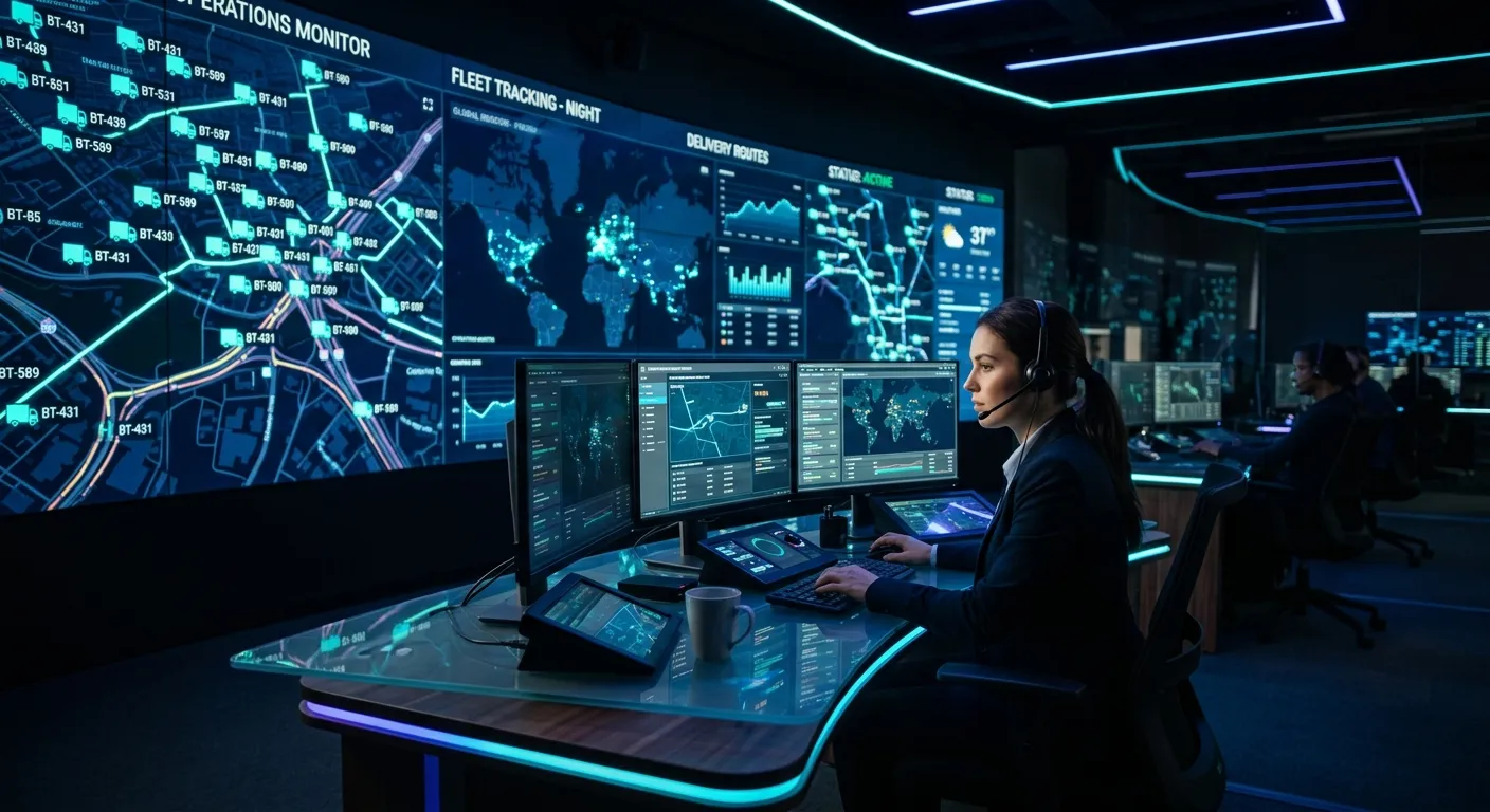 A modern, high-tech logistics command center at night. Multiple large screens display dynamic GPS maps tracking numerous box truck icons. A dispatch operator works at a sleek glass desk with glowing interfaces. Style: Dark, professional, futuristic with neon cyan and indigo accents.