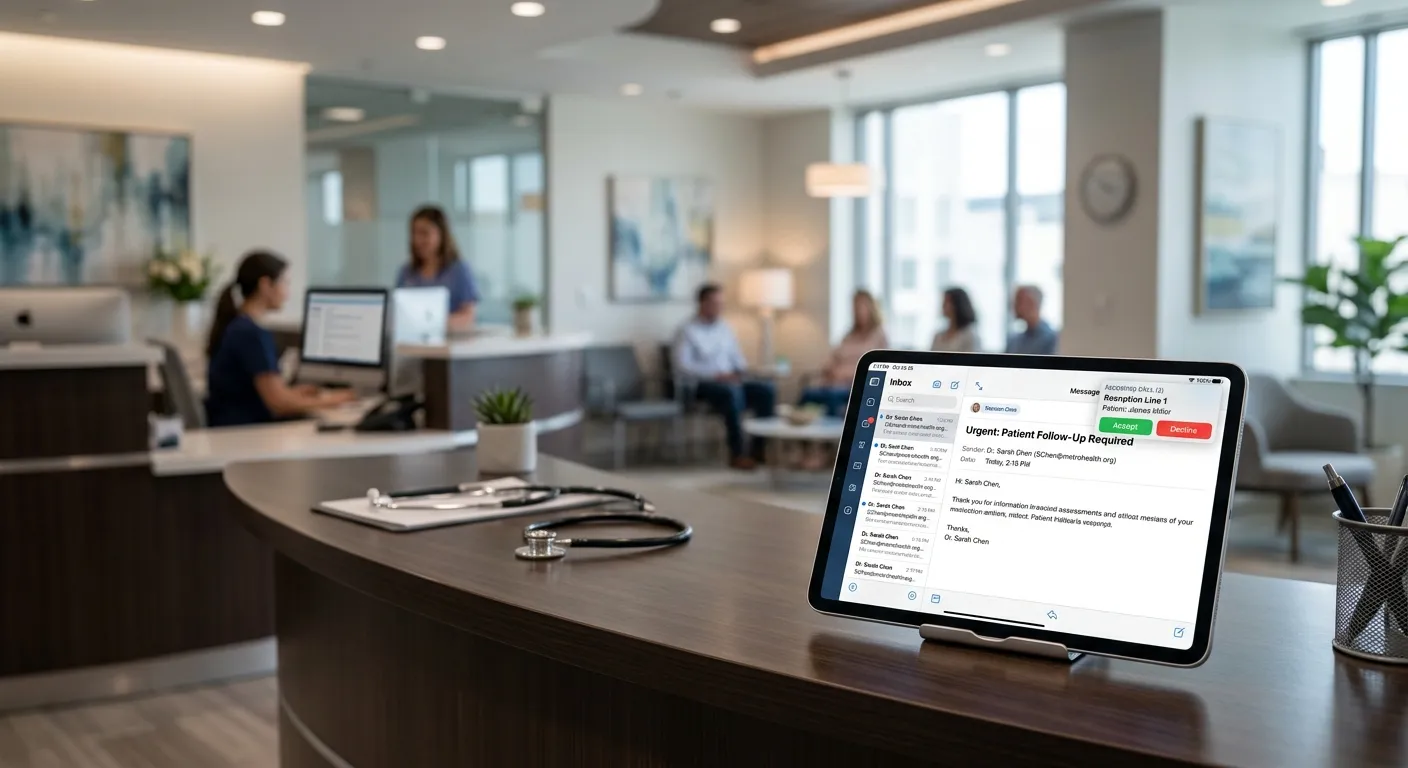 A modern, high-tech medical office reception area blurred in the background. In the foreground, a sl... A modern, high-tech medical office reception area blurred in the background. In the foreground, a sleek tablet screen displays a clean, professional email interface with a subject line