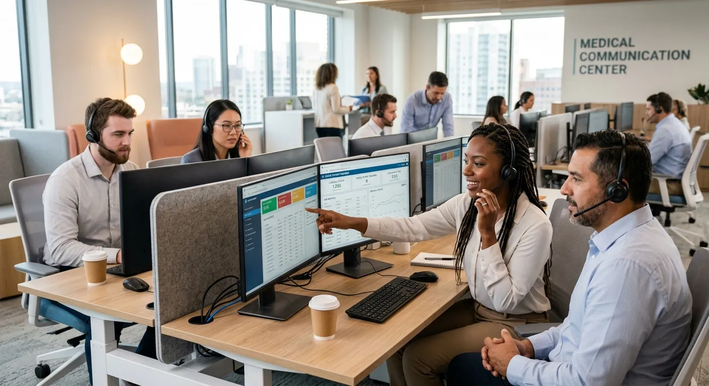 A professional, high-contrast image of a diverse team of medical communication specialists working in a modern, bright contact center environment. They are wearing headsets, looking at monitors displaying call metrics, and collaborating. The mood is focused, competent, and technologically advanced.