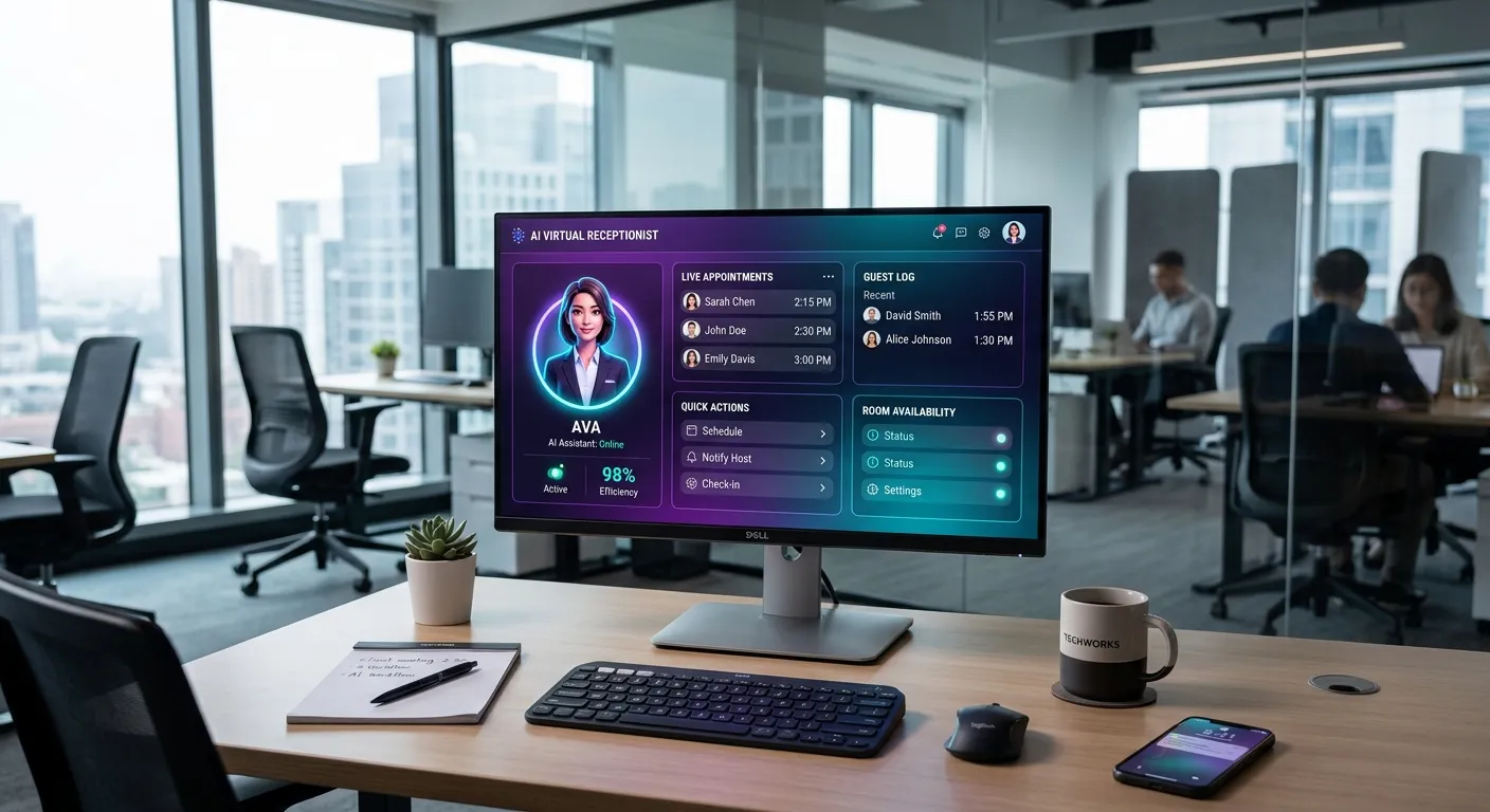 A modern, professional workspace with a glowing AI interface on a monitor, showcasing a virtual receptionist dashboard. Style: High-tech, clean, and professional with a focus on purple and cyan UI elements.