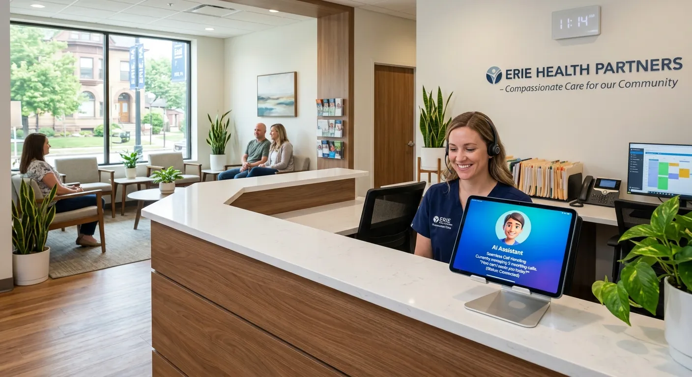A modern, professional medical office reception area in Erie County, with a friendly-looking AI interface displayed on a tablet on the desk, symbolizing seamless call handling. Style: Bright, clean, and trustworthy. Mood: Efficient, calm, and technologically advanced.