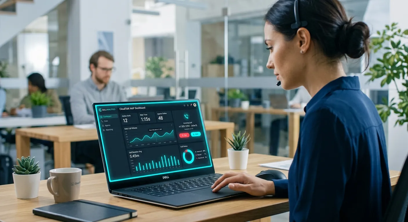 Modern, professional office setting showing a laptop dashboard with a sleek VoIP interface and call analytics graphs overlayed, with a subtle glowing cyan accent. Style: Clean, high-tech SaaS product visualization.