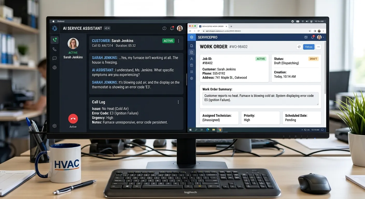 A split-screen dashboard showing an AI call interface on the left logging details like